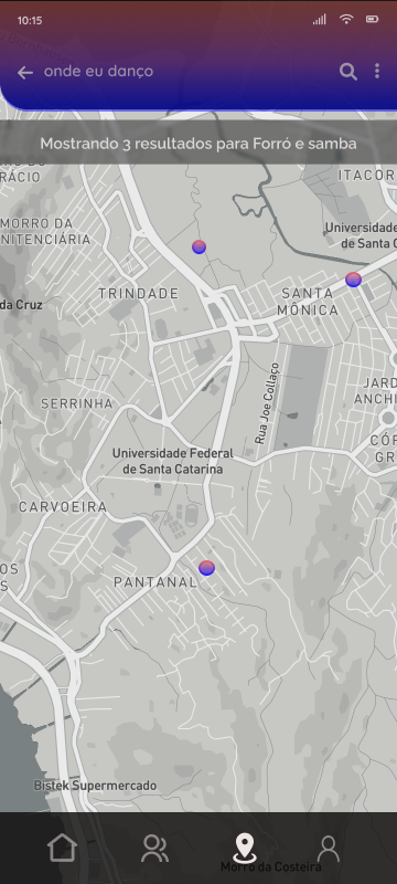 Busca por mapa mostrando três resultados para forró e samba em Florianópolis