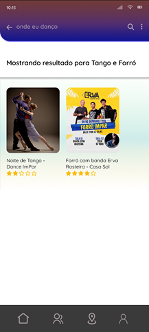 Resultado de busca para tango e forró, com os eventos e suas avaliações