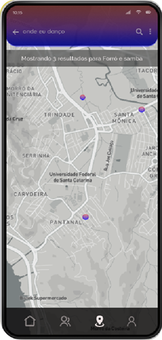 Tela de busca por mapa do aplicativo Onde eu Danço